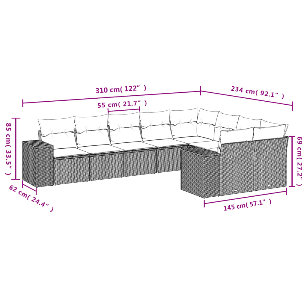 9-delige Loungeset met kussens poly rattan bruin