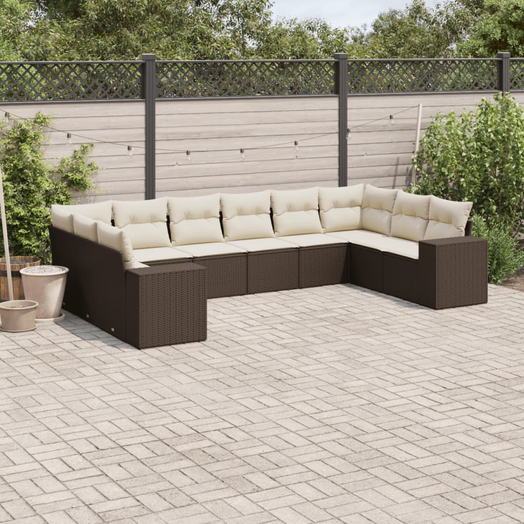 10-delige Loungeset met kussens poly rattan bruin