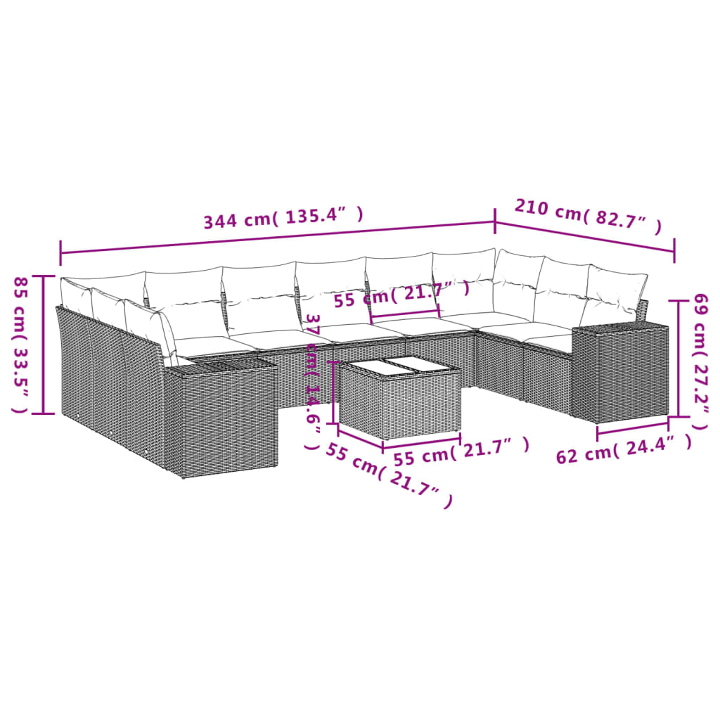 11-delige Tuinset met kussens poly rattan beige