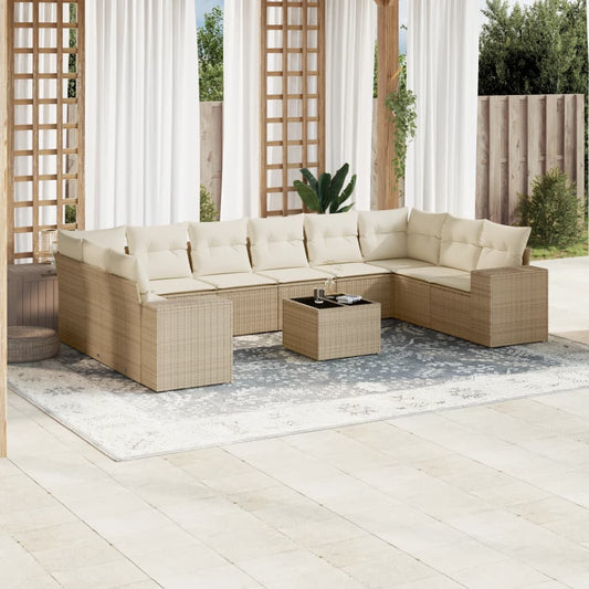 11-delige Tuinset met kussens poly rattan beige