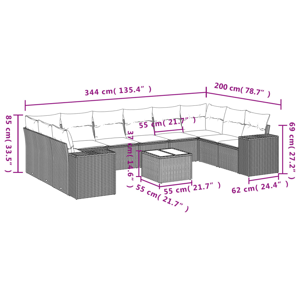 11-delige Loungeset met kussens poly rattan bruin