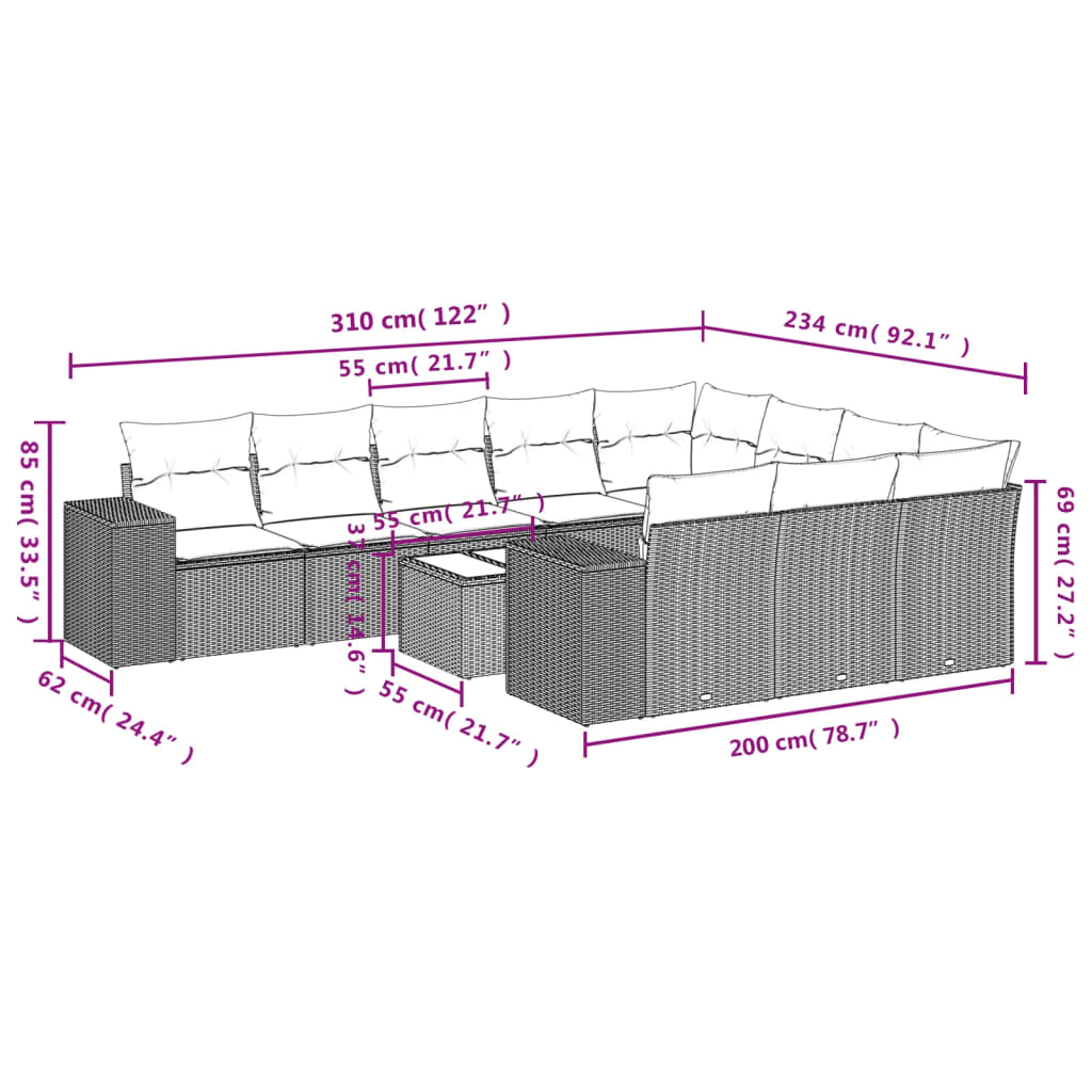 11-delige Tuinset met kussens poly rattan beige