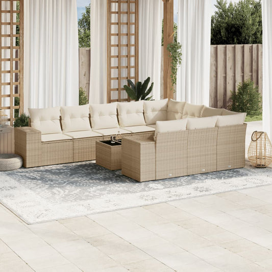 11-delige Tuinset met kussens poly rattan beige