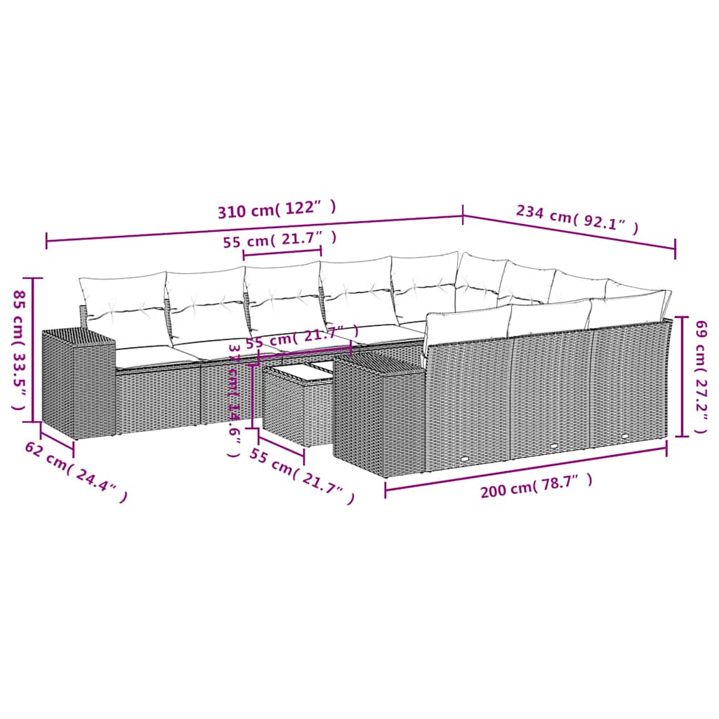 11-delige Loungeset met kussens poly rattan bruin