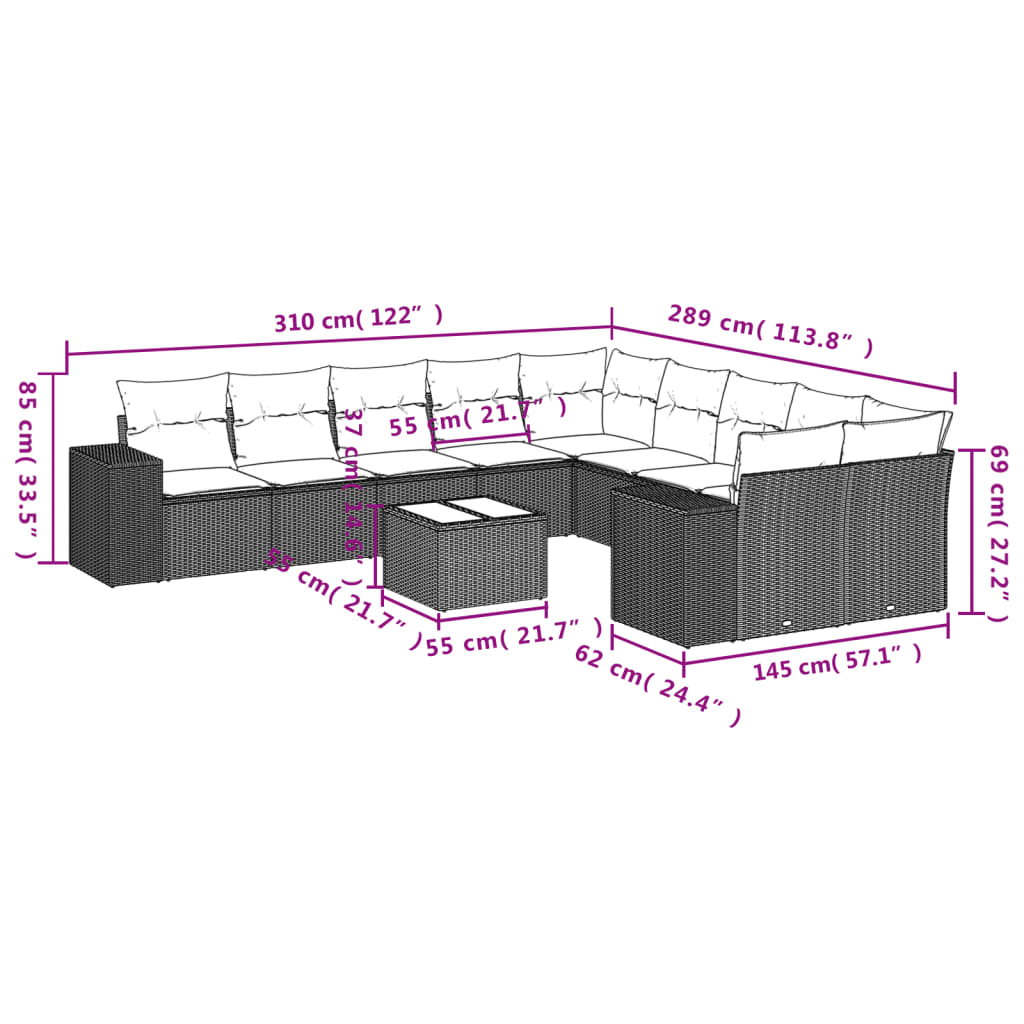 11-delige Loungeset met kussens poly rattan bruin