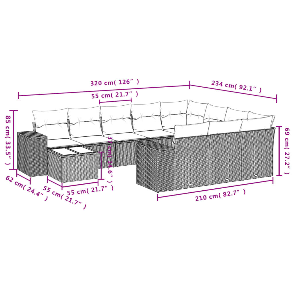 11-delige Tuinset met kussens poly rattan beige