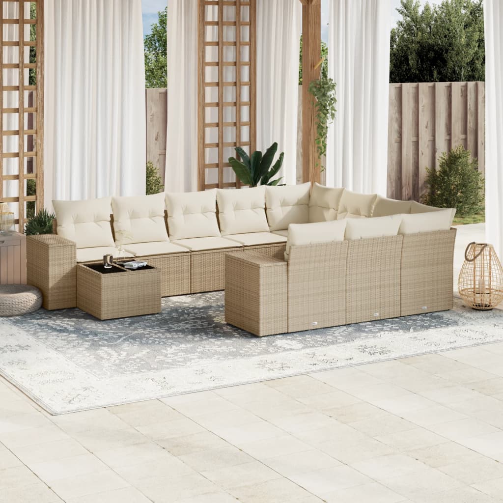 11-delige Tuinset met kussens poly rattan beige