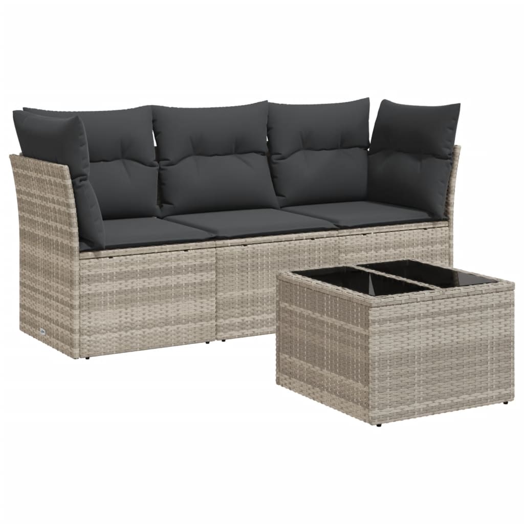 4-delige Loungeset met kussens poly rattan lichtgrijs