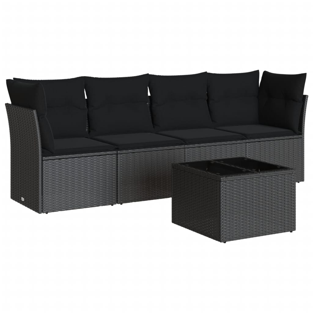 5-delige Loungeset met kussens poly rattan zwart