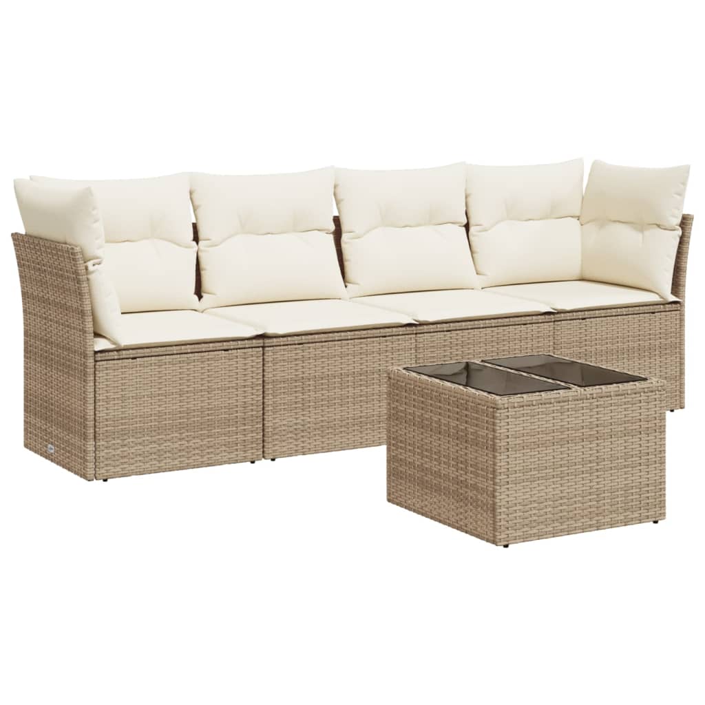 5-delige Loungeset met kussens poly rattan beige