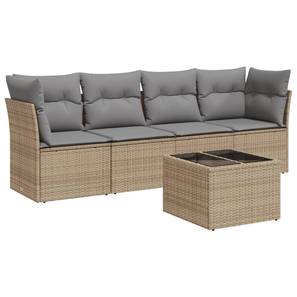 5-delige Loungeset met kussens poly rattan beige