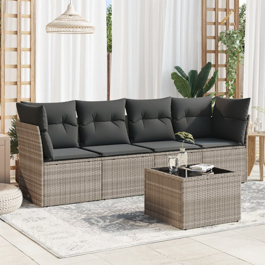 5-delige Loungeset met kussens poly rattan lichtgrijs