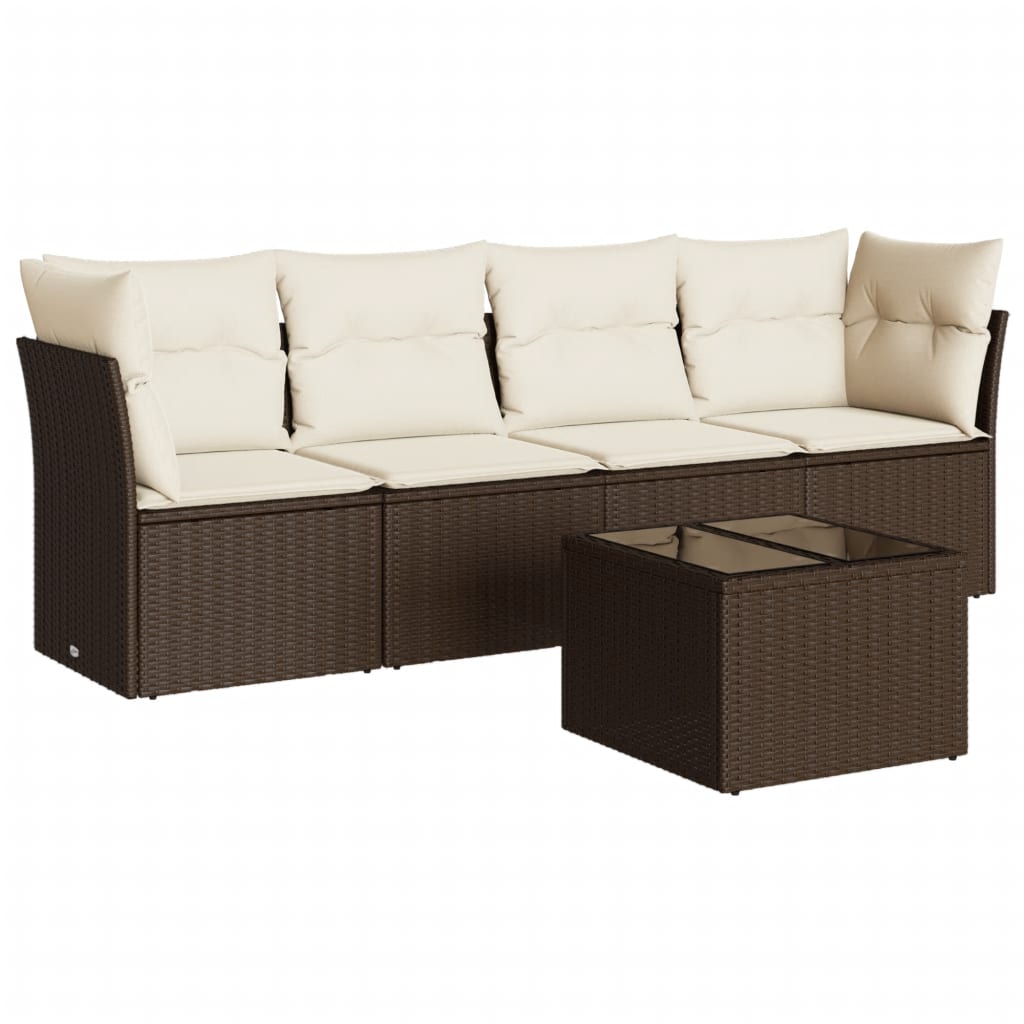 5-delige Loungeset met kussens poly rattan bruin