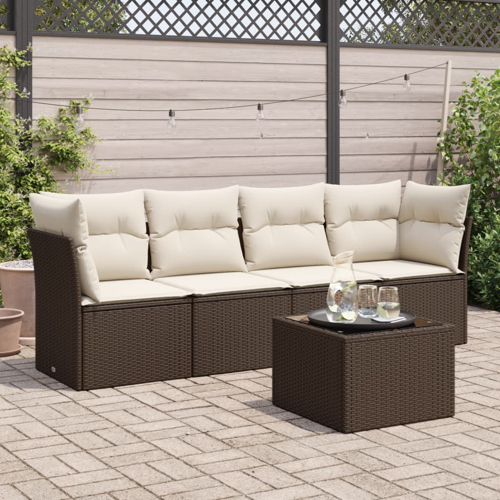 5-delige Loungeset met kussens poly rattan bruin