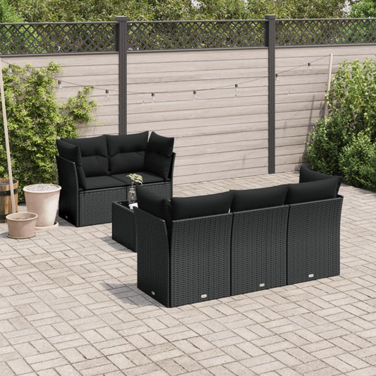 6-delige Loungeset met kussens poly rattan zwart