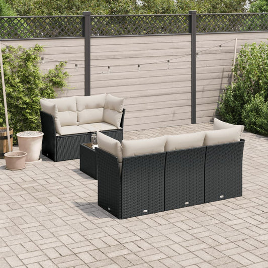 6-delige Loungeset met kussens poly rattan zwart