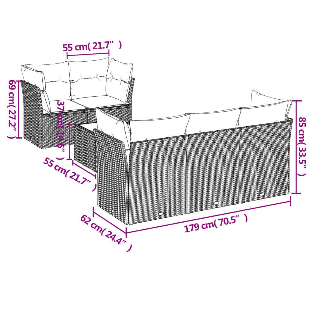 6-delige Loungeset met kussens poly rattan beige