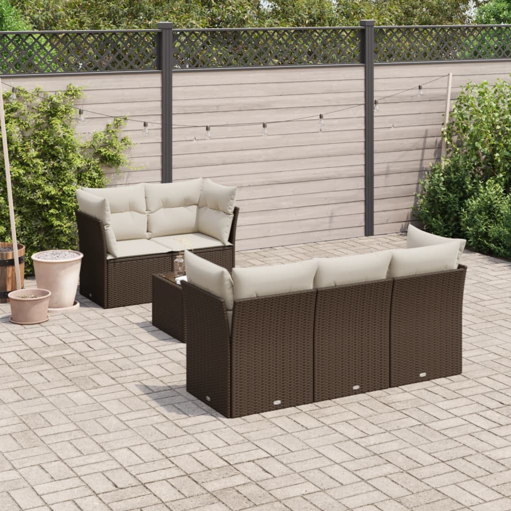 6-delige Loungeset met kussens poly rattan bruin