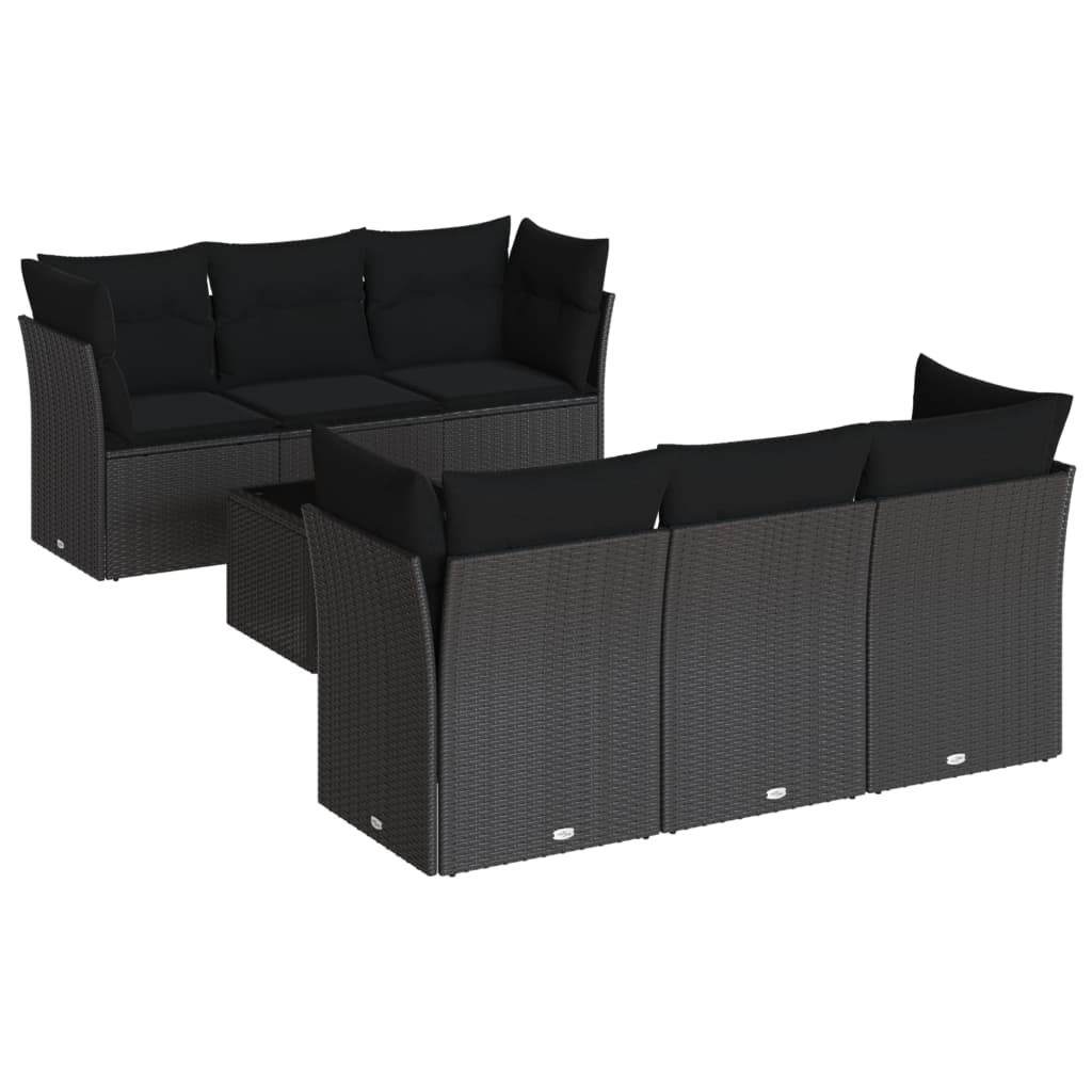 7-delige Loungeset met kussens poly rattan zwart