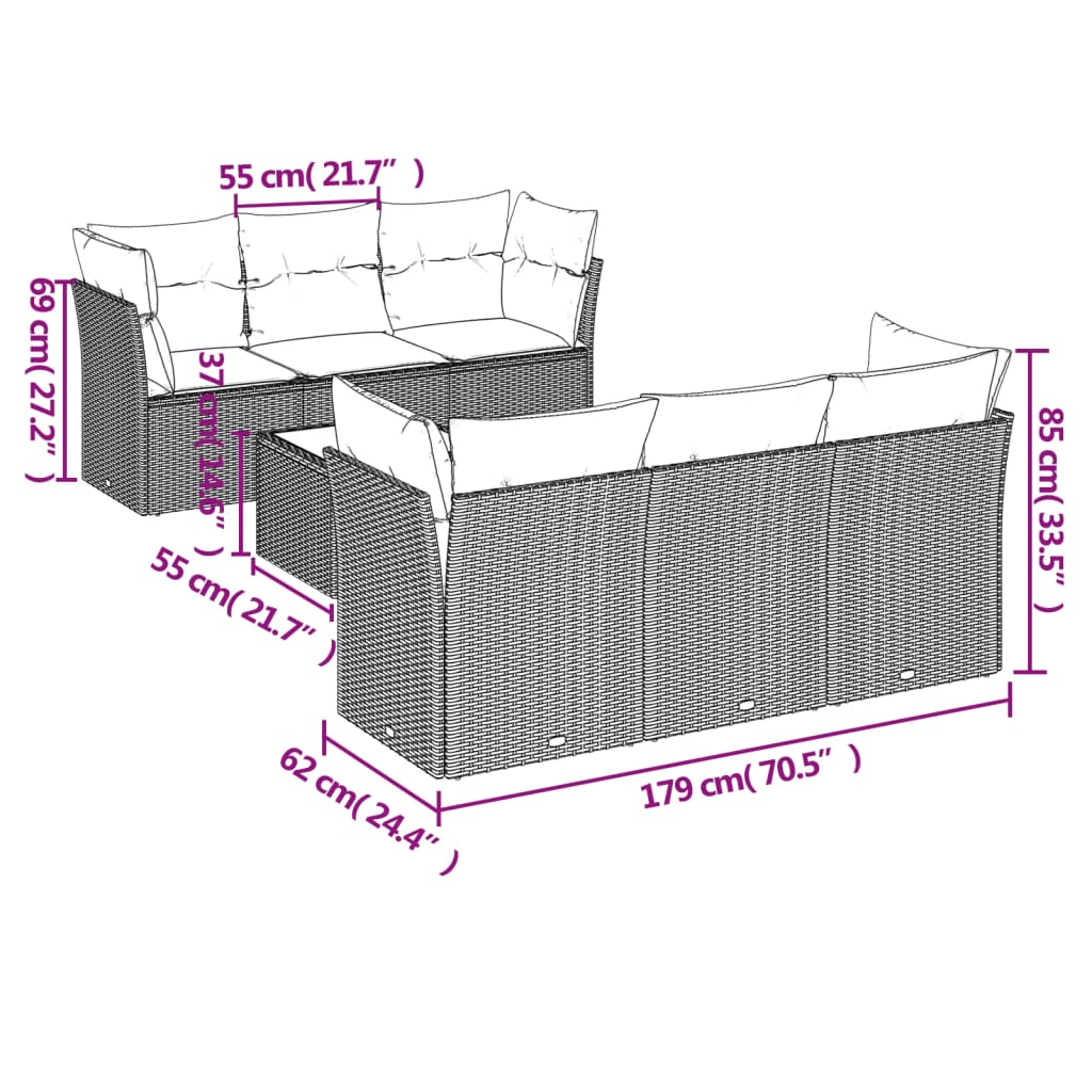 7-delige Loungeset met kussens poly rattan zwart