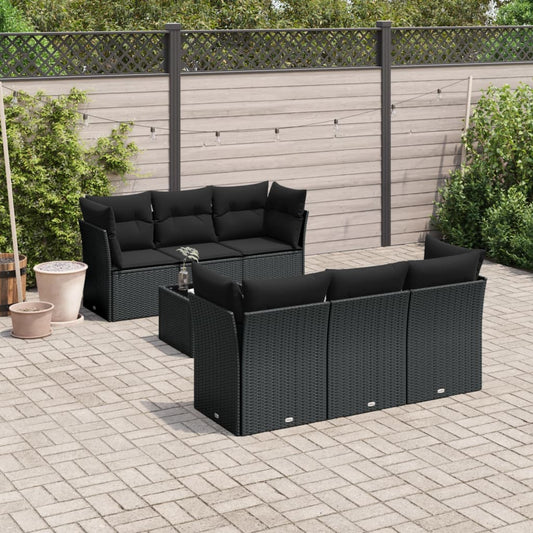 7-delige Loungeset met kussens poly rattan zwart