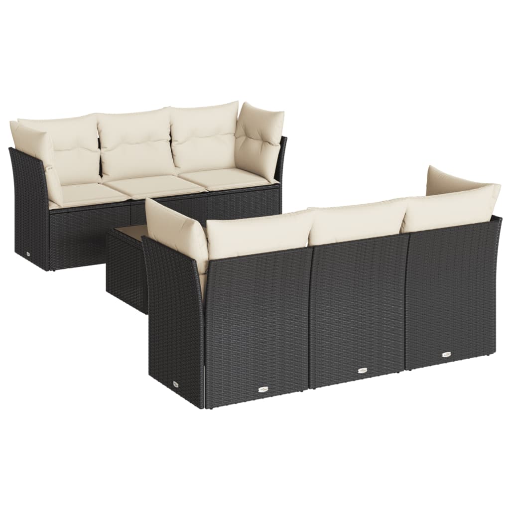 7-delige Loungeset met kussens poly rattan zwart