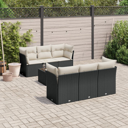 7-delige Loungeset met kussens poly rattan zwart