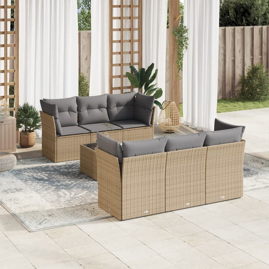 7-delige Loungeset met kussens poly rattan beige