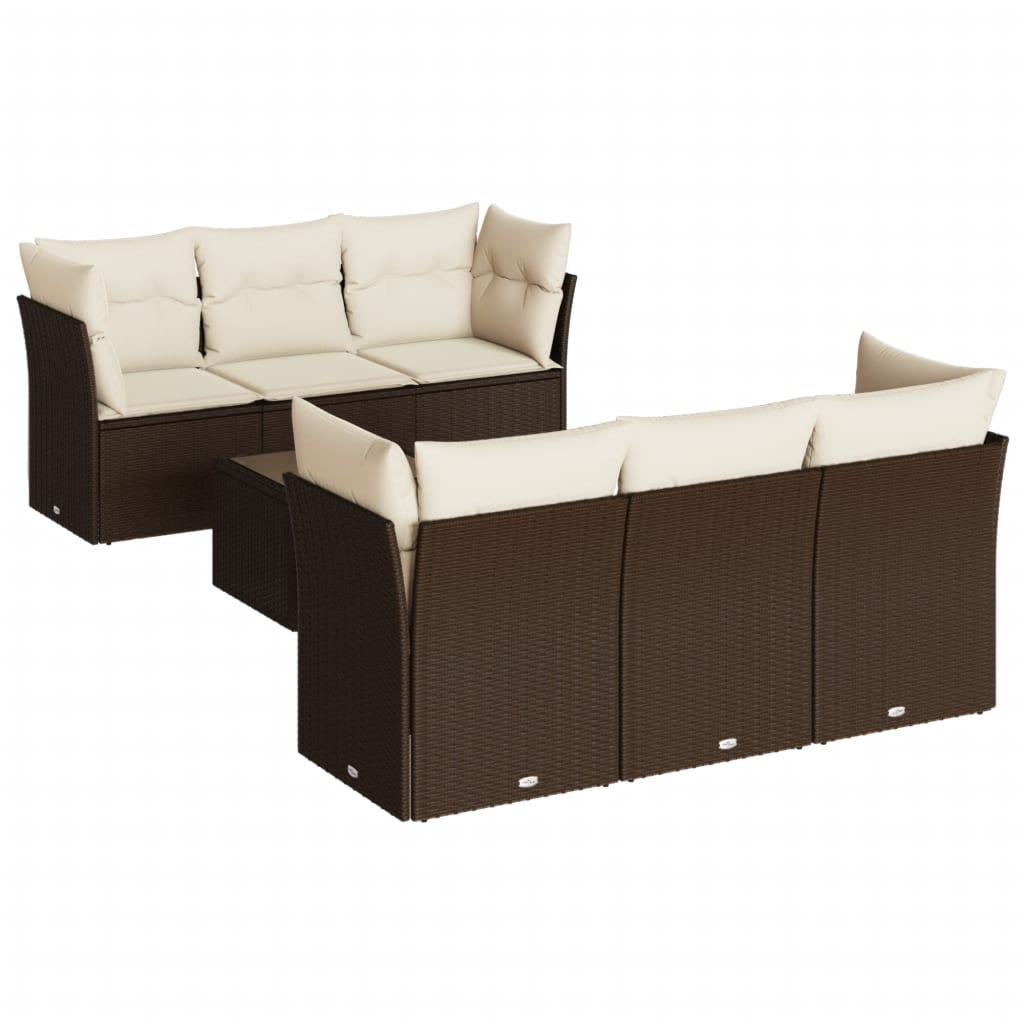 7-delige Loungeset met kussens poly rattan bruin