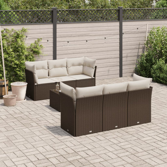 7-delige Loungeset met kussens poly rattan bruin