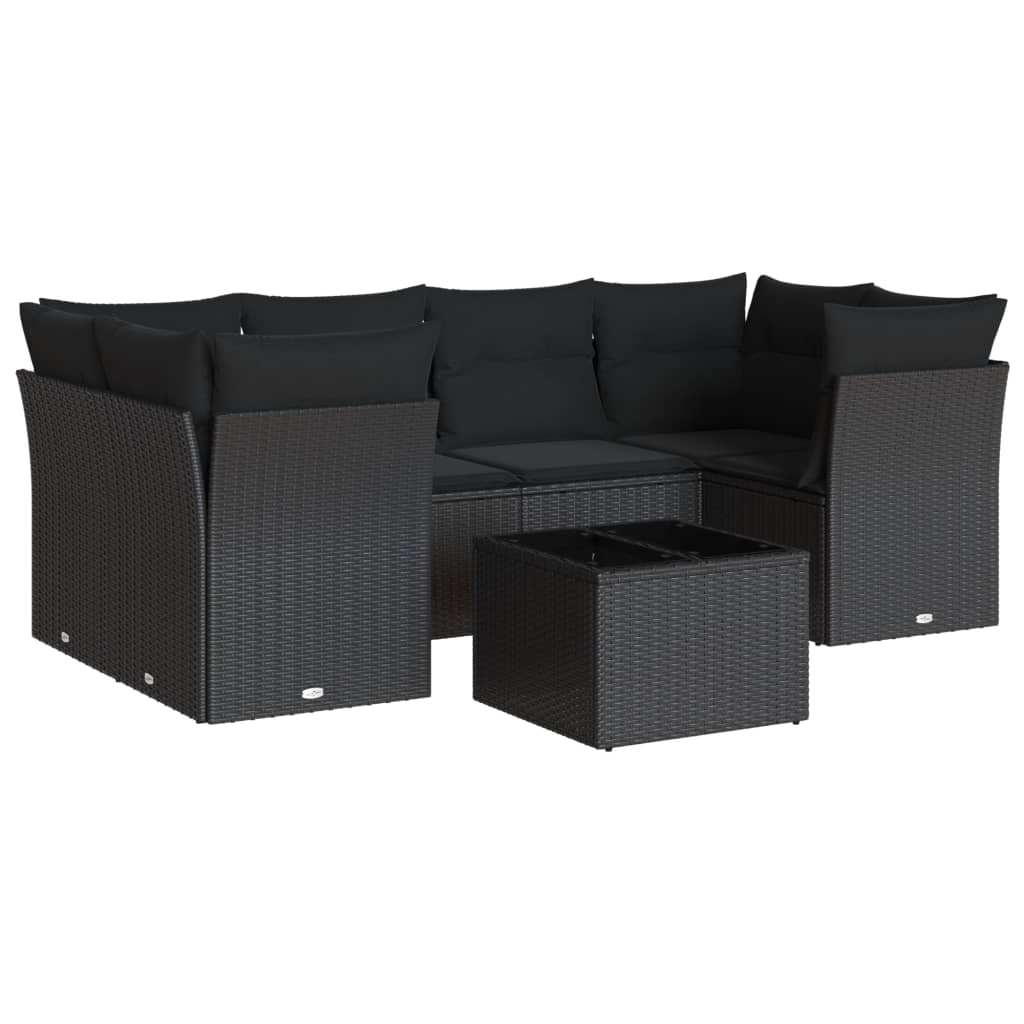 7-delige Loungeset met kussens poly rattan zwart