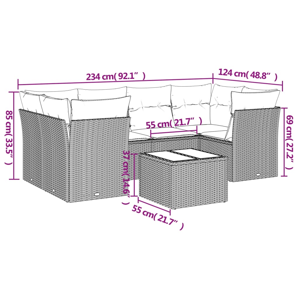 7-delige Loungeset met kussens poly rattan zwart