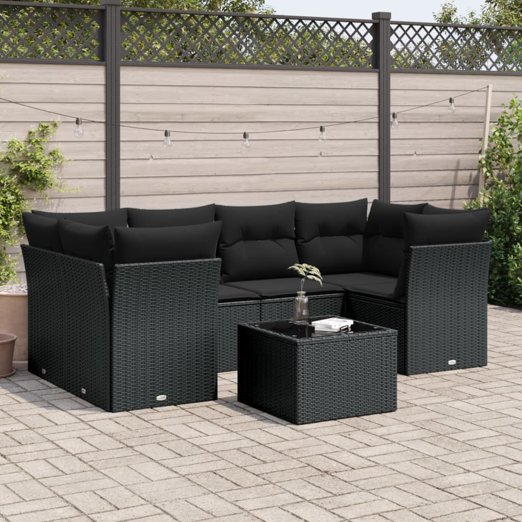 7-delige Loungeset met kussens poly rattan zwart