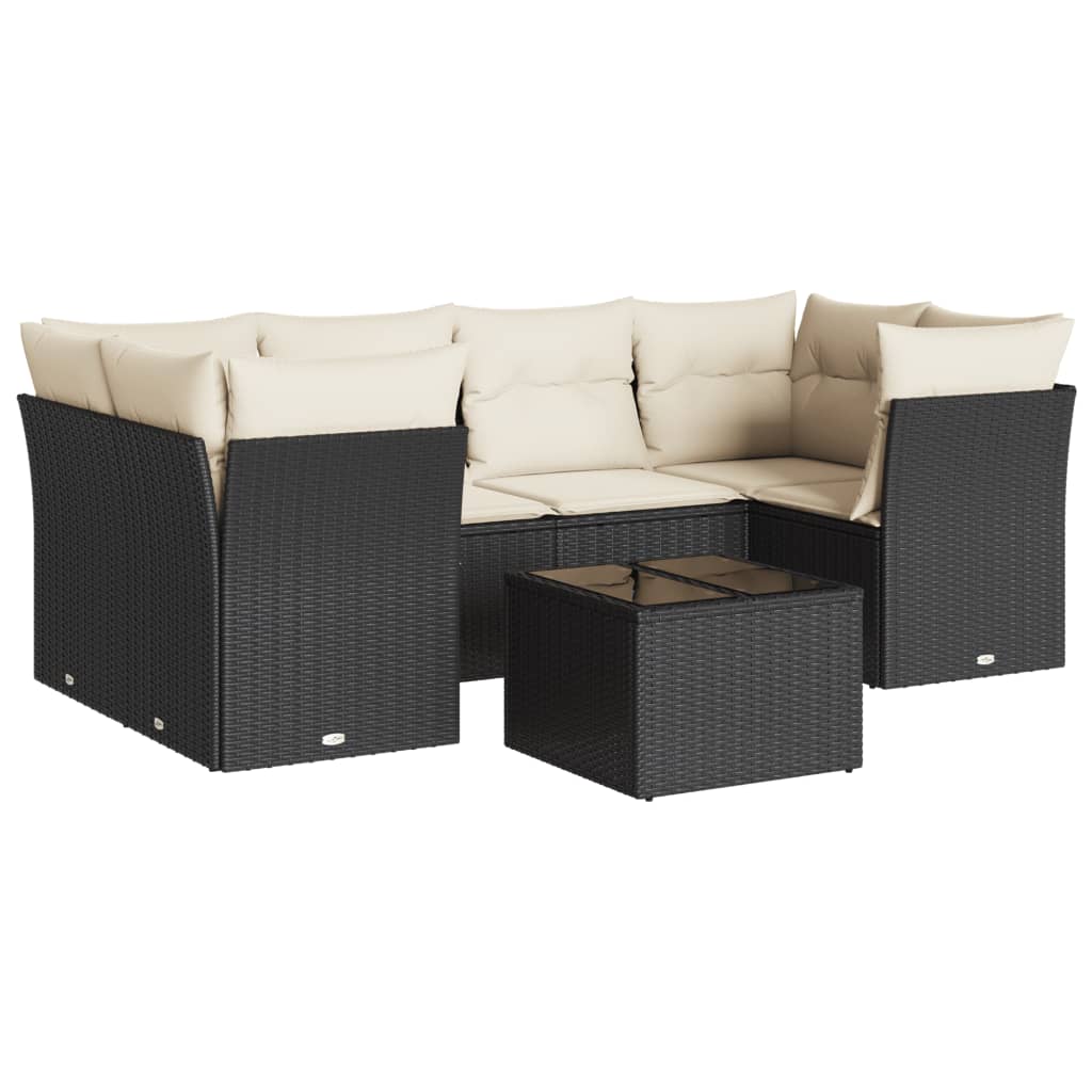 7-delige Loungeset met kussens poly rattan zwart