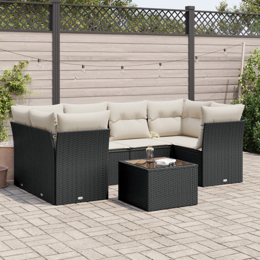 7-delige Loungeset met kussens poly rattan zwart