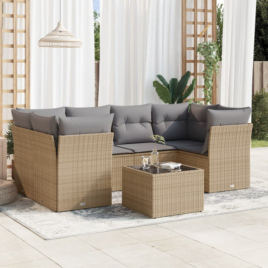 7-delige Loungeset met kussens poly rattan beige