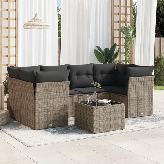 7-delige Loungeset met kussens poly rattan grijs