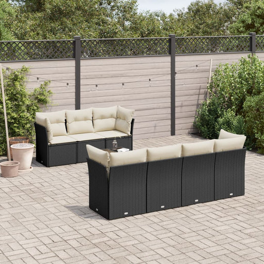 8-delige Loungeset met kussens poly rattan zwart