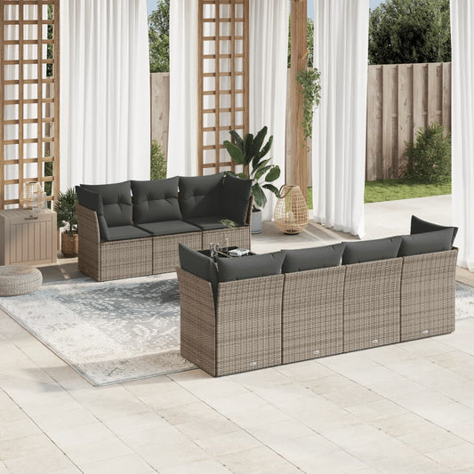 8-delige Loungeset met kussens poly rattan grijs