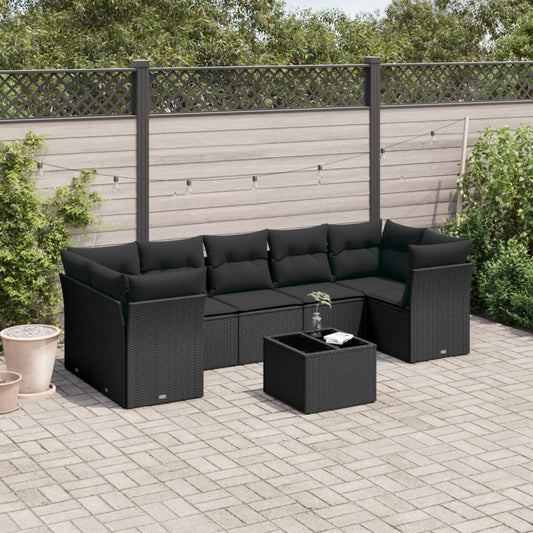 8-delige Loungeset met kussens poly rattan zwart