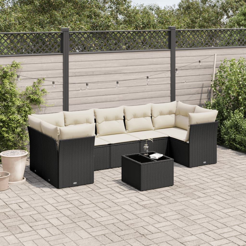 8-delige Loungeset met kussens poly rattan zwart