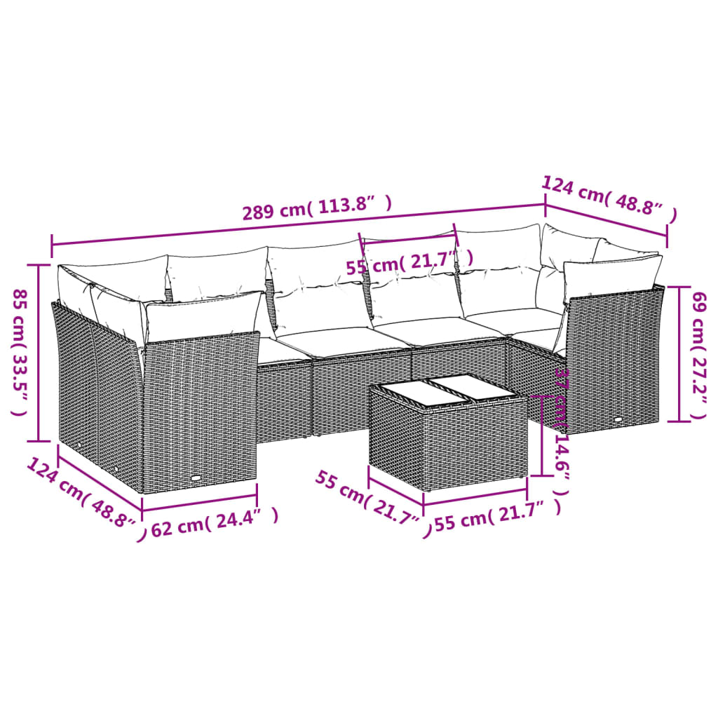 8-delige Loungeset met kussens poly rattan bruin