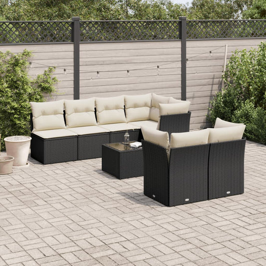 8-delige Loungeset met kussens poly rattan zwart