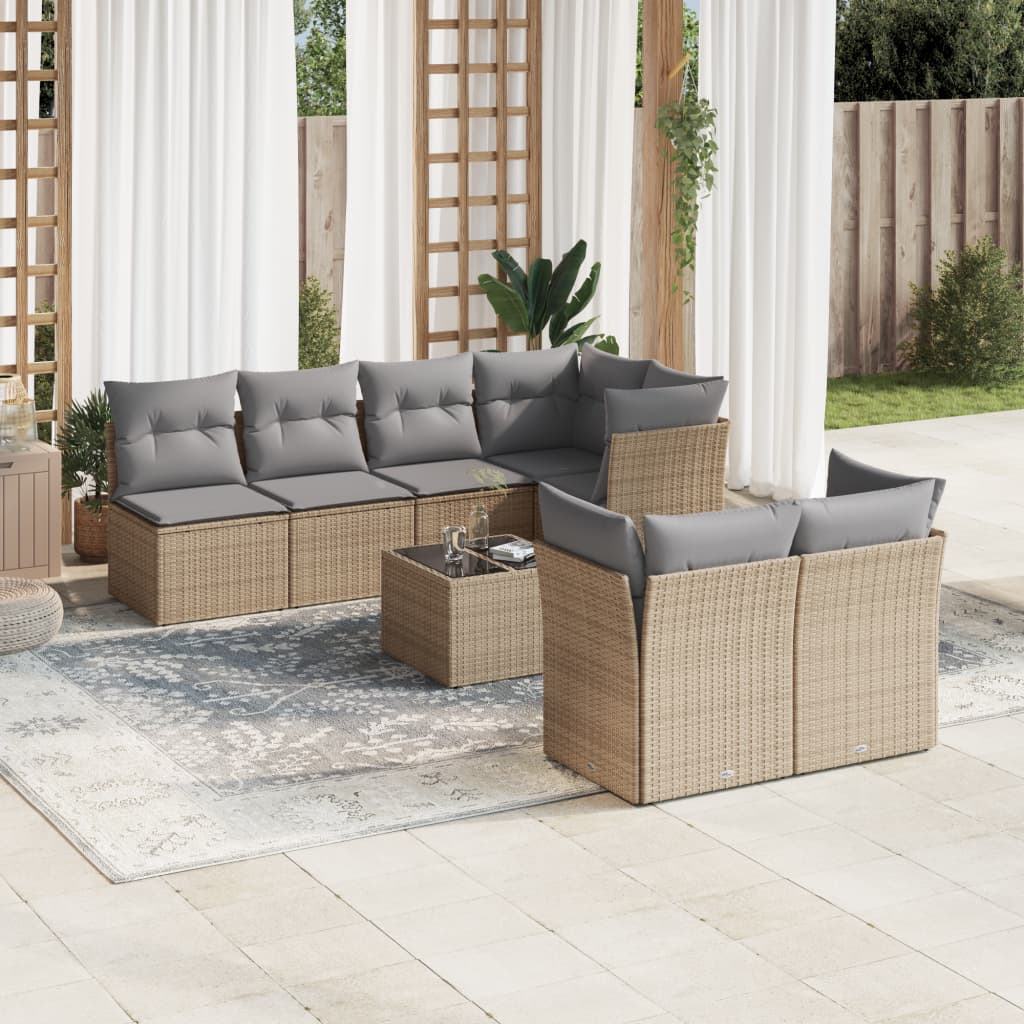 8-delige Loungeset met kussens poly rattan beige