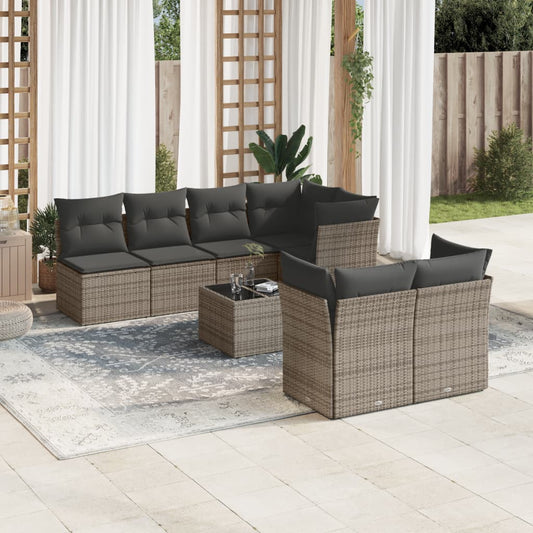 8-delige Loungeset met kussens poly rattan grijs