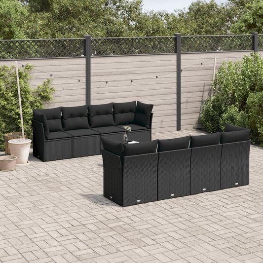 9-delige Loungeset met kussens poly rattan zwart