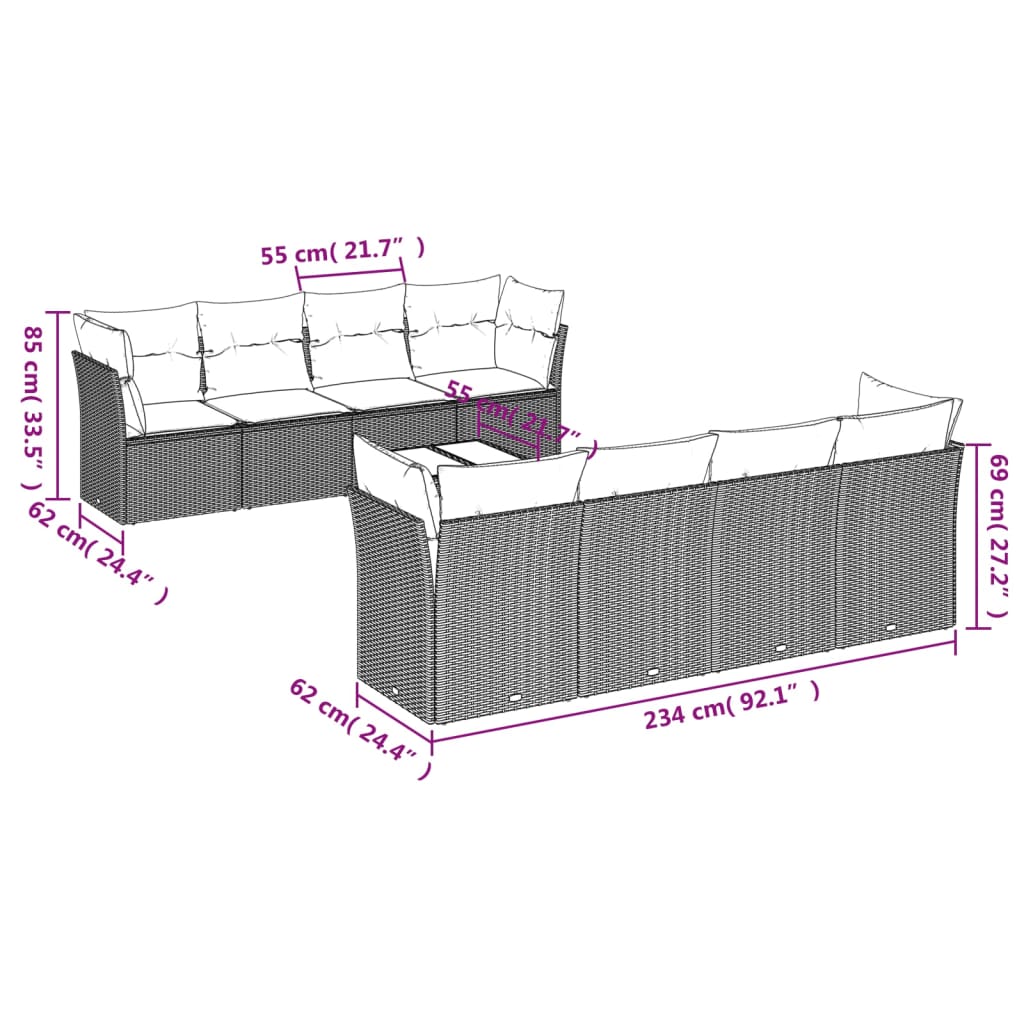 9-delige Loungeset met kussens poly rattan bruin