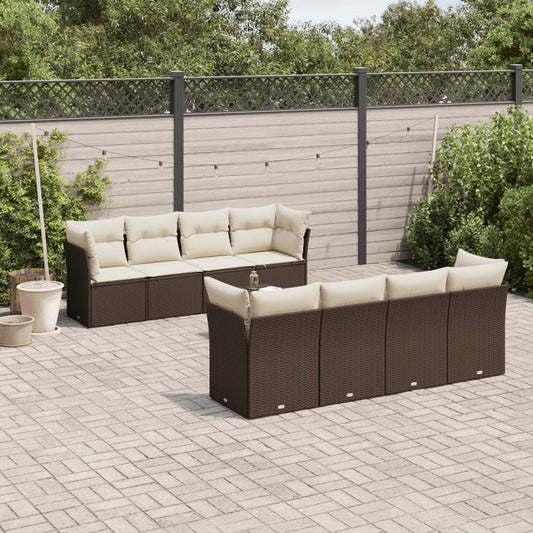 9-delige Loungeset met kussens poly rattan bruin