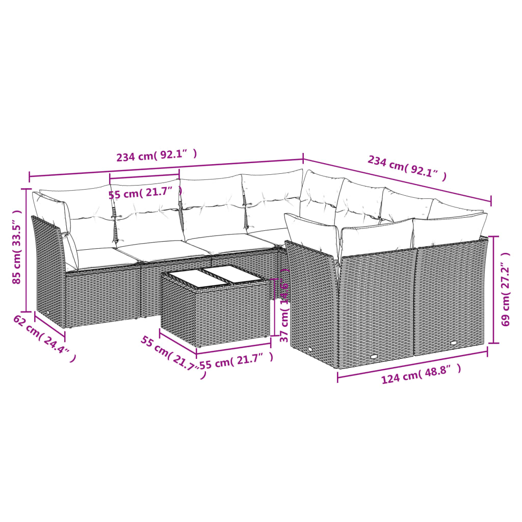 9-delige Loungeset met kussens poly rattan zwart