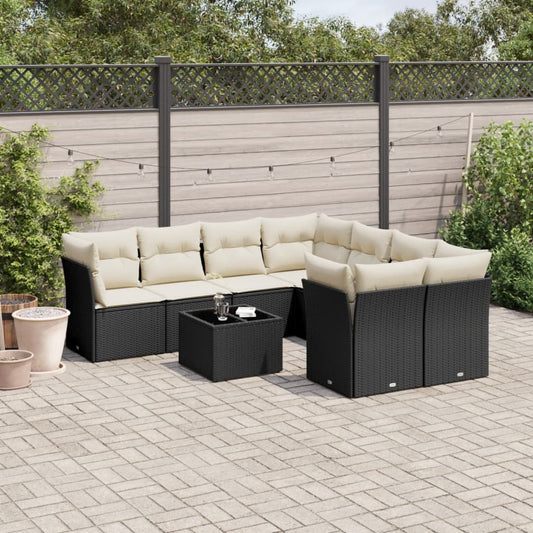 9-delige Loungeset met kussens poly rattan zwart